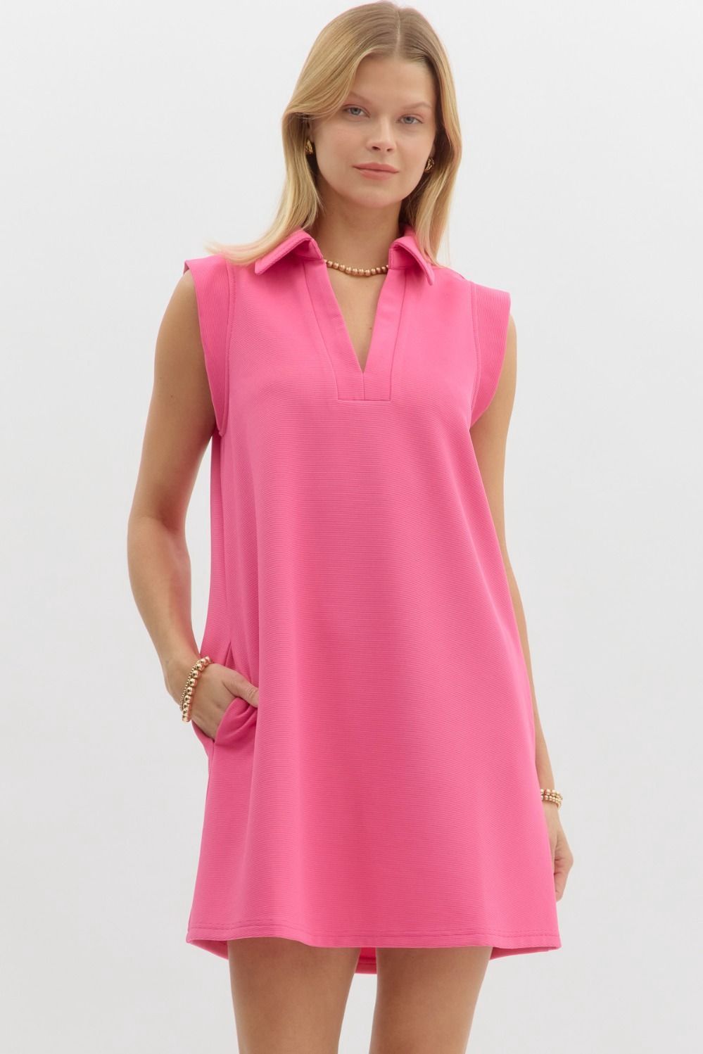 Entro Textured Solid V-neck Dress, Color: Hot Pink, Size: Large