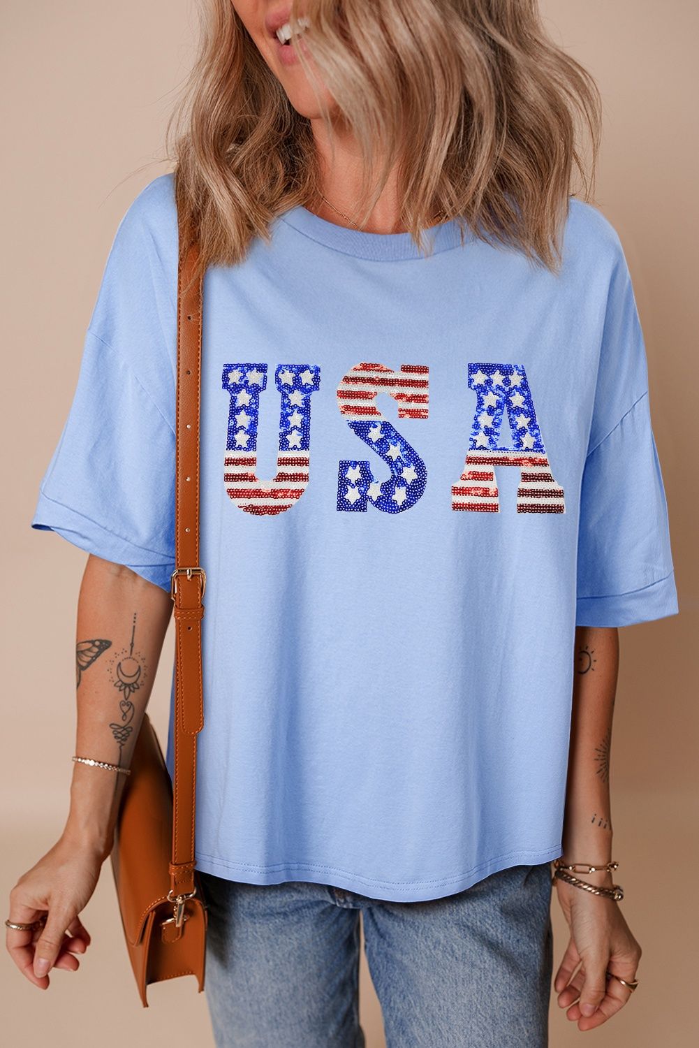 USA Light Blue Sequin TShirt