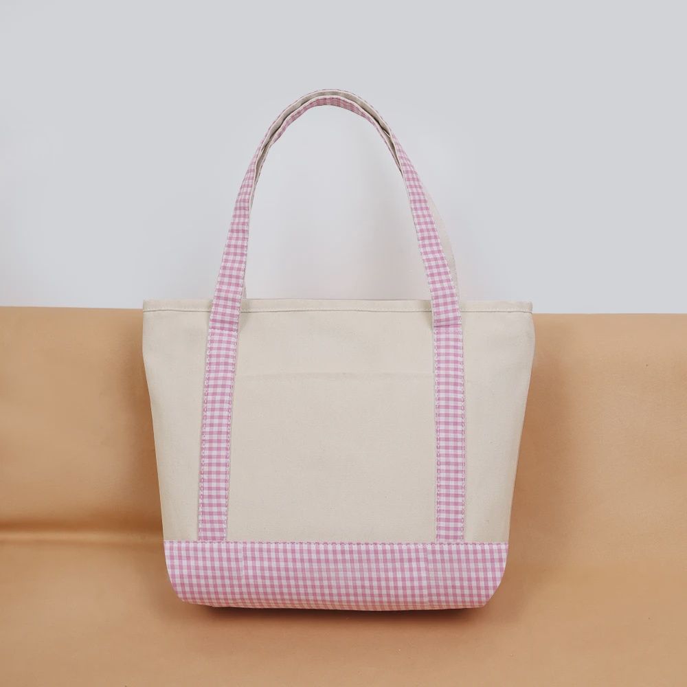 Canvas Lined Tote With Gingham Trim, Color: Pink