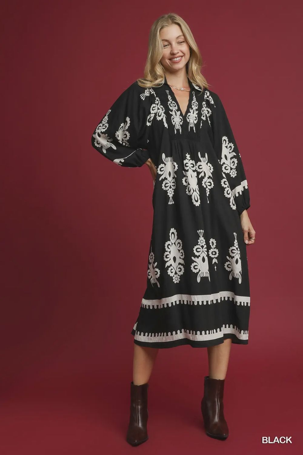 Umgee Two Tone Border Print Midi Dress