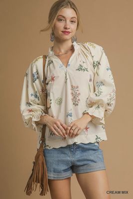 Umgee Floral Ruffle Neck Blouse