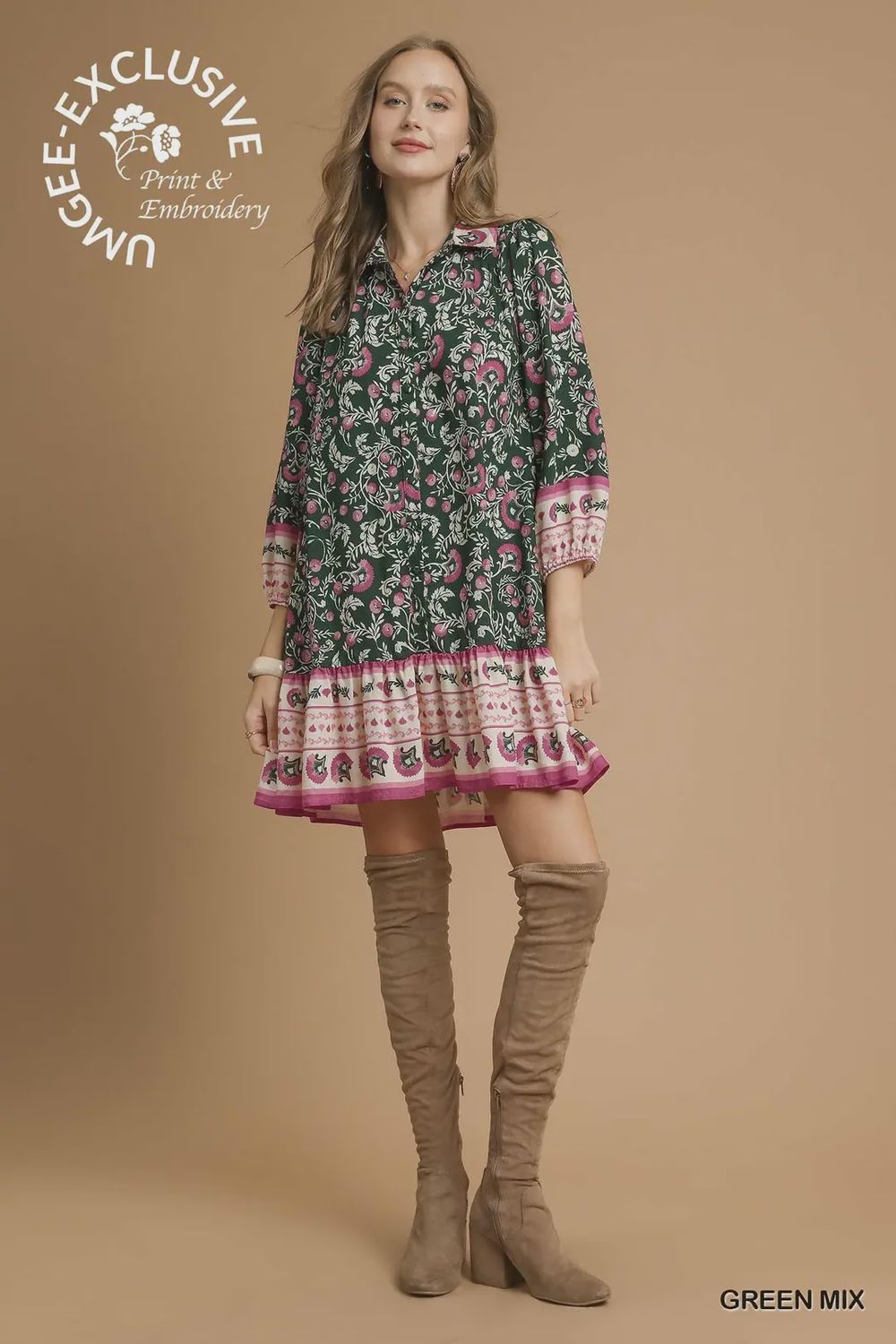 Umgee Long Sleeve Green And Pink Mini Dress