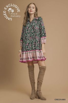 Umgee Long Sleeve Green And Pink Mini Dress