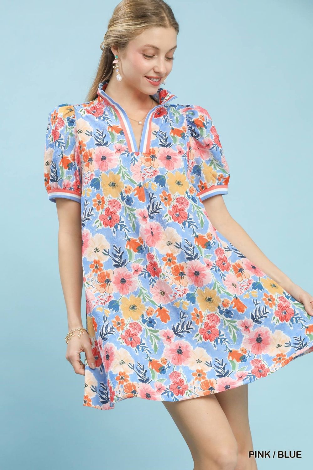 Umgee Pink And Blue Flower Mini Dress