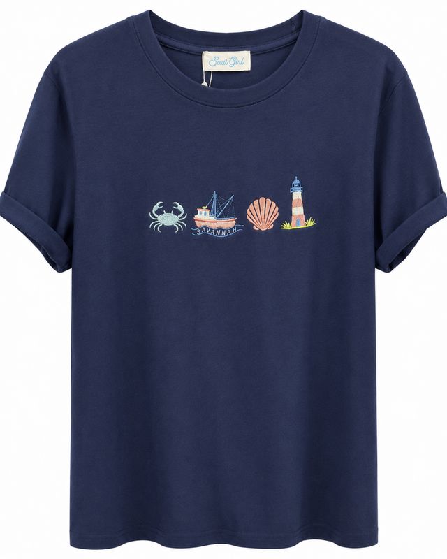 Savi Girl Navy Embroidered Coastal TShirt