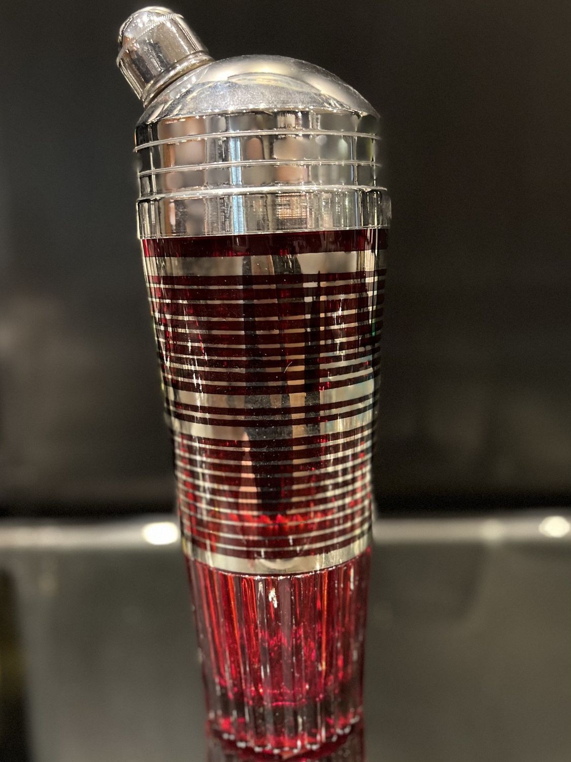 Paden City Cocktail Shaker Ruby with Silver Bands