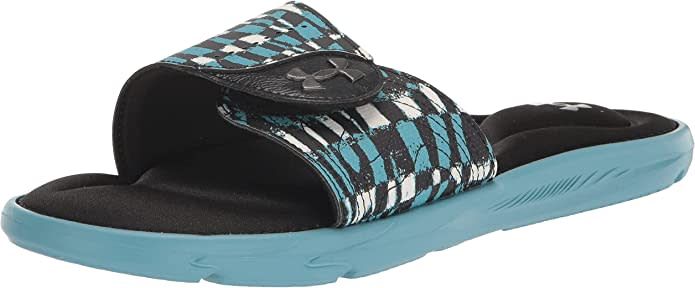 Women&#39;s UA Ignite VI Graphic Strap Slides, Color: Black / Cloudless Sky-003, Size: 6