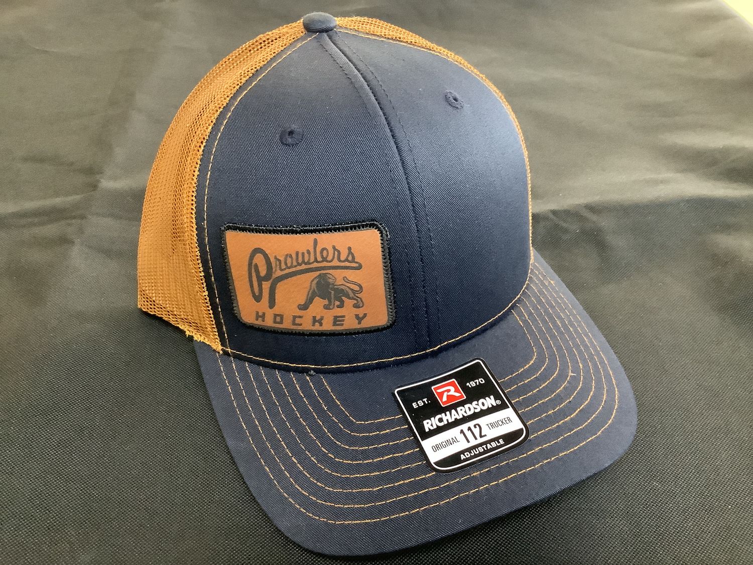 Prowler Hockey Vintage Logo Leather Patch 112 Snapback OSFM, Color: Navy/Caramel