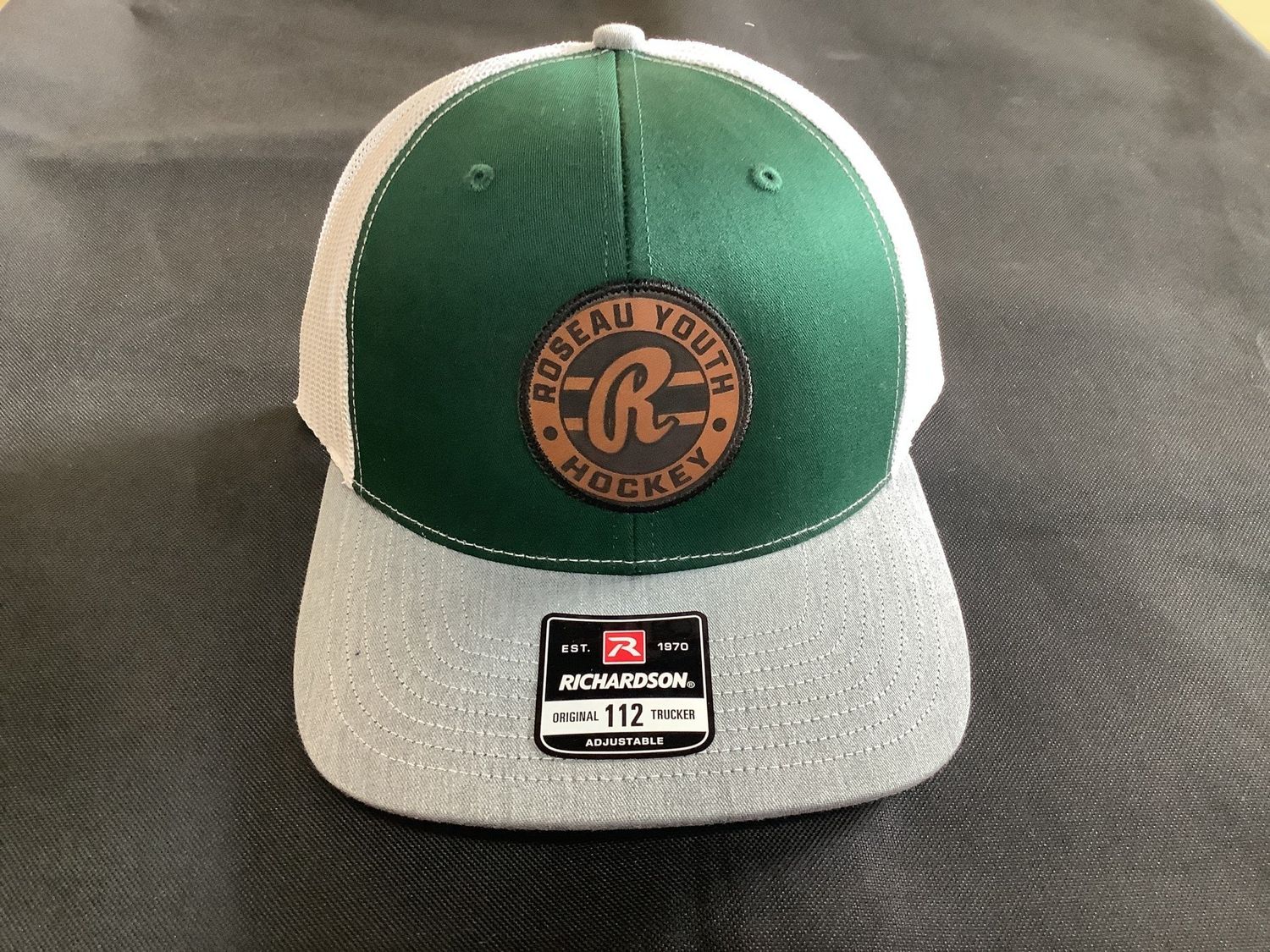 Roseau Youth Hockey Leather Patch Logo Richardson 112 Snapback Hunter Green/Heather Grey/White