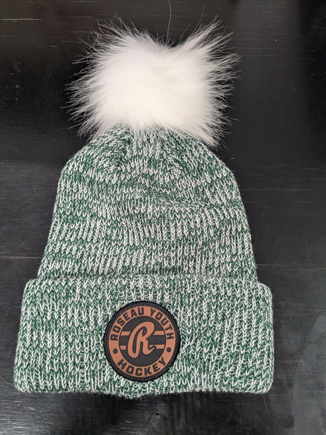 Roseau Youth Hockey Green/White POM winter hat