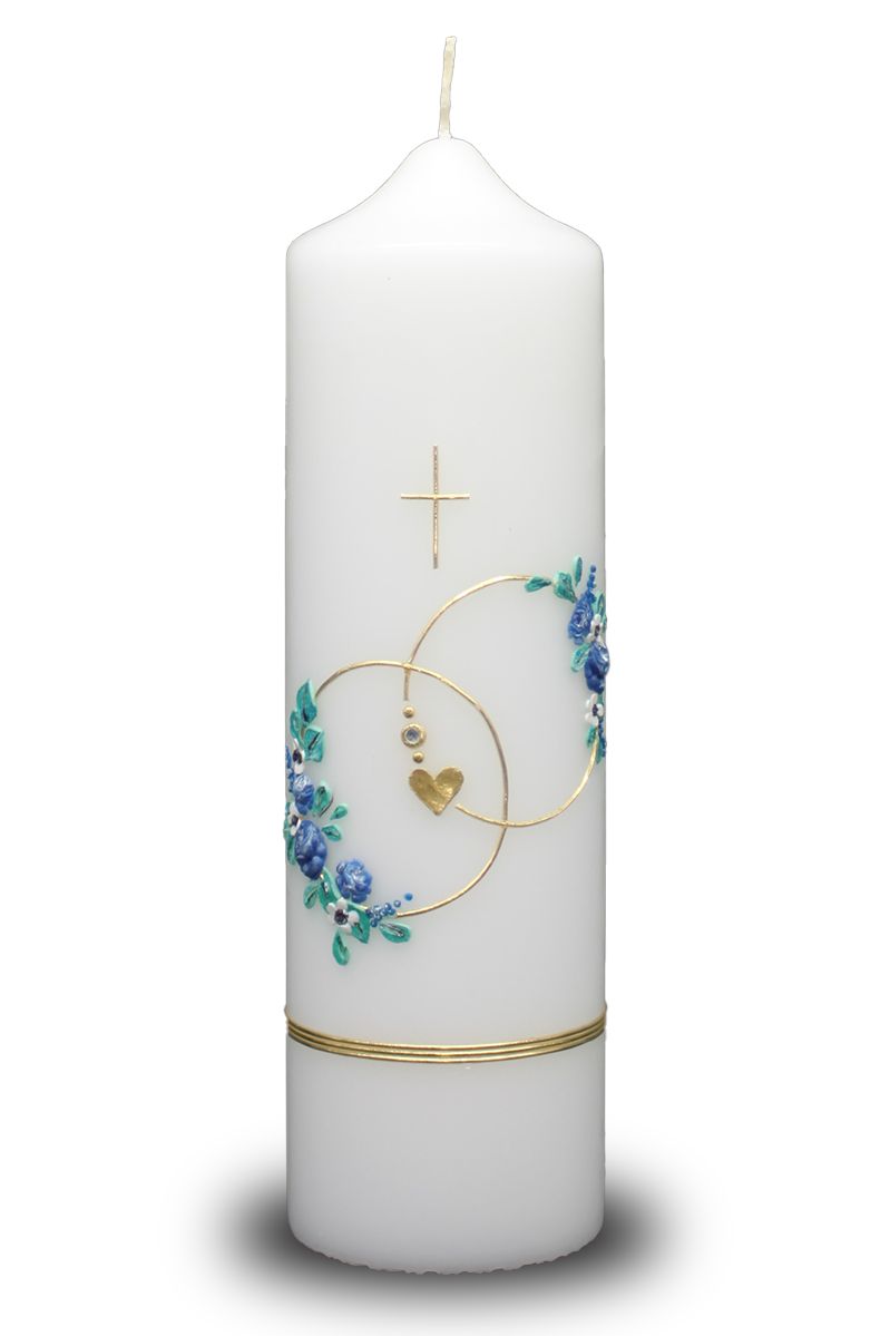 Hochzeitskerze mit blauen Blumen und goldenen Elementen