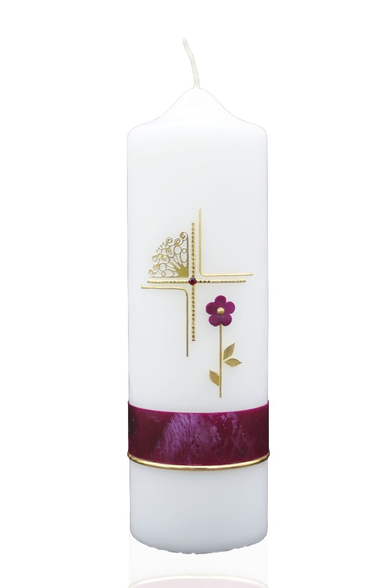 Trauerkerze „Kreuz & Blüte Bordeaux-Gold“ Trauerkerze mit Kreuz und Blüte in Bordeaux-Gold – handverziert, stilvoll und tröstend von Designer-Kerzen.de