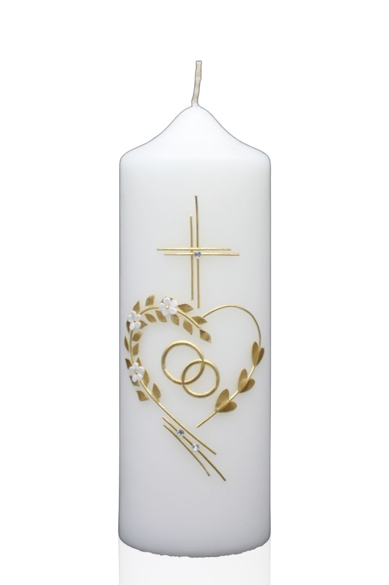 Hochzeitskerze „Blütenherz & Ringe“ Weiße Hochzeitskerze mit Herz aus goldenen Blättern, Blüten und Eheringen