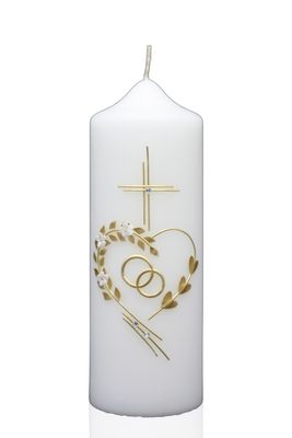 Hochzeitskerze „Blütenherz & Ringe“ Weiße Hochzeitskerze mit Herz aus goldenen Blättern, Blüten und Eheringen
