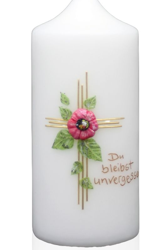 Trauerkerze „Du bleibst unvergessen“ mit Kreuz & Mohnblüte