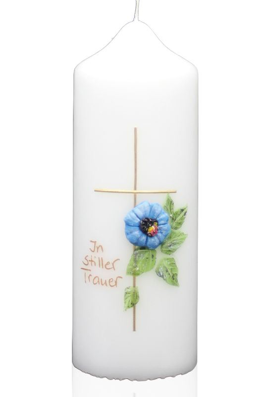 Trauerkerze „In stiller Trauer“ mit Kreuz & Blüte