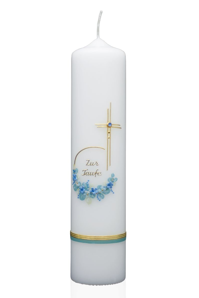Taufkerze „Blütenring Blau & Kreuz“