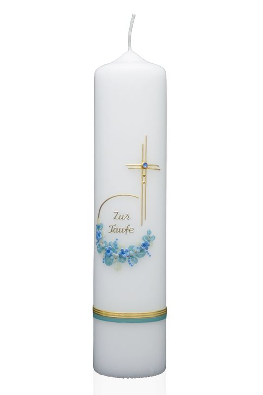 Taufkerze „Blütenring Blau & Kreuz“