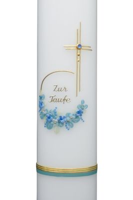 Taufkerze „Blütenring Blau & Kreuz“
