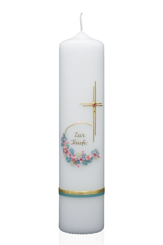 Taufkerze „Blütenring Rosa & Kreuz“