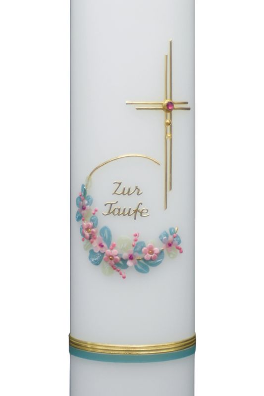 Taufkerze „Blütenring Rosa & Kreuz“