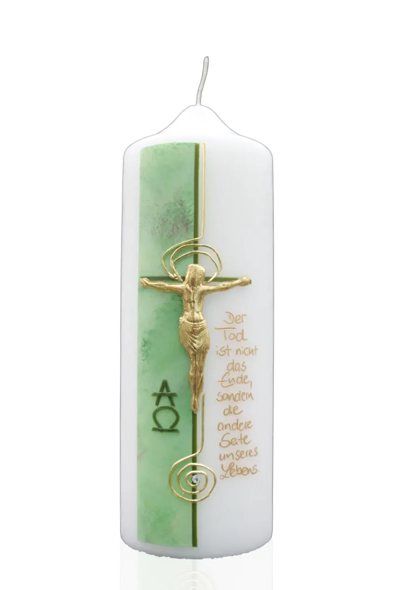 Trauerkerze mit Kreuz, Christusfigur und goldenem Spruch auf grünem Hintergrund – christliches Trostlicht