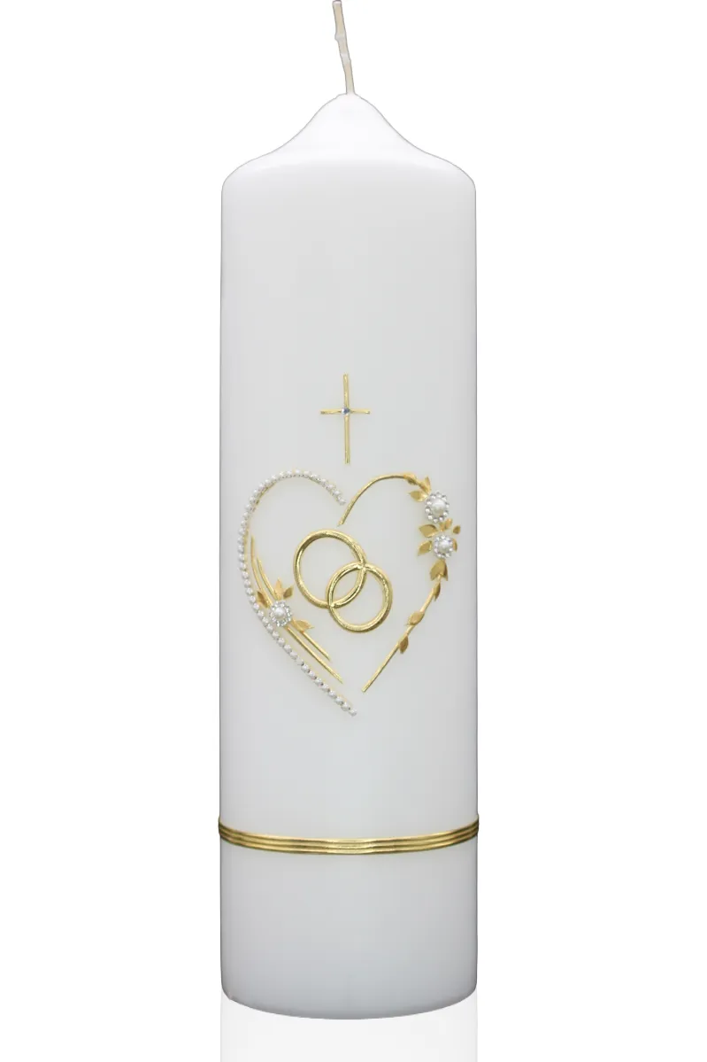 Hochzeitskerze  Hochzeitskerze mit goldfarbenem Perlenherz, Ringen & Kreuz auf weißem Hintergrund