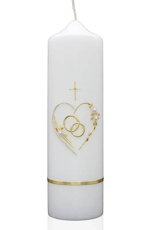 Hochzeitskerze  Hochzeitskerze mit goldfarbenem Perlenherz, Ringen & Kreuz auf weißem Hintergrund