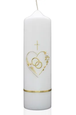 Hochzeitskerze Hochzeitskerze mit goldfarbenem Perlenherz, Ringen & Kreuz auf weißem Hintergrund