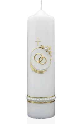 Hochzeitskerze „Kreis aus Gold & Perlen“ Hochzeitskerze mit Goldringen, Perlenverzierung und floralen Akzenten auf weißem Grund