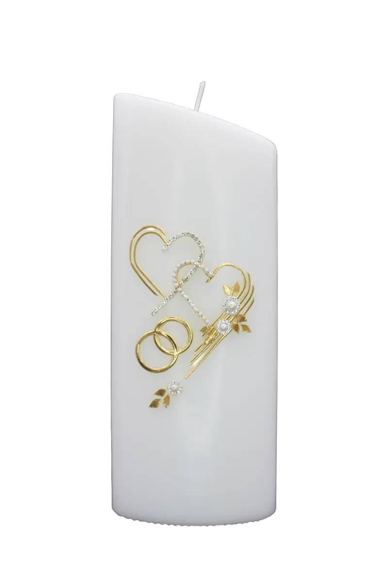 Hochzeitskerze „Perlenherzen“ Weiße Hochzeitskerze mit goldenen Herzen, Perlen und Ringen in eleganter Ovalform