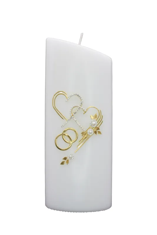 Hochzeitskerze „Perlenherzen“ Weiße Hochzeitskerze mit goldenen Herzen, Perlen und Ringen in eleganter Ovalform