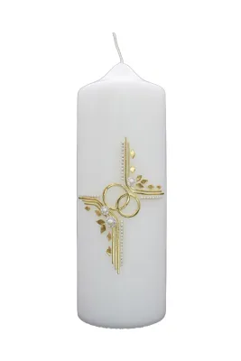 Hochzeitskerze „Perlenkreuz & Ringe“ Weiße Hochzeitskerze mit goldfarbenem Kreuz, Eheringen und Perlenblüten