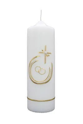 Hochzeitskerze „Perlenbogen & Kreuz“ Weiße Hochzeitskerze mit goldenen Ringen, Kreuz und Perlenbogen