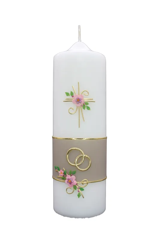 Hochzeitskerze „Blütenband & Ringe Weiße Hochzeitskerze mit Taupeband, roséfarbenen Blüten, goldenen Eheringen und kleinem Kreuz