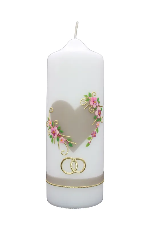 Hochzeitskerze „Herzblüte Taupe“ Weiße Hochzeitskerze mit taupefarbenem Herz, rosa Blüten und goldenen Eheringen