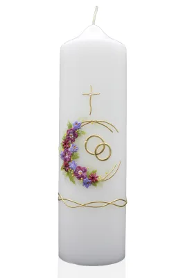 Hochzeitskerze „Blütenkreis Lila & Gold“ Weiße Hochzeitskerze mit Blütenkreis in Lila-Tönen, Goldkreuz und goldenen Ringen