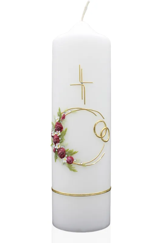 Hochzeitskerze „Rosenkranz & Goldringe“ Weiße Hochzeitskerze mit roten Rosen, goldenen Ringen und Kreuz