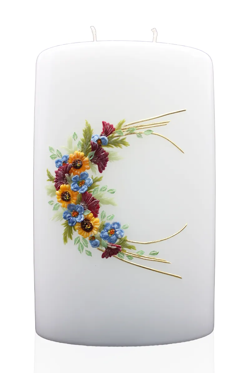 Hochzeitskerze „Blütenbogen Sommertraum“ Weiße Doppeldocht-Hochzeitskerze mit buntem Blütenbogen und goldenen Linien