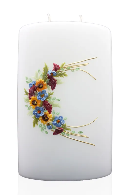 Hochzeitskerze „Blütenbogen Sommertraum“ Weiße Doppeldocht-Hochzeitskerze mit buntem Blütenbogen und goldenen Linien