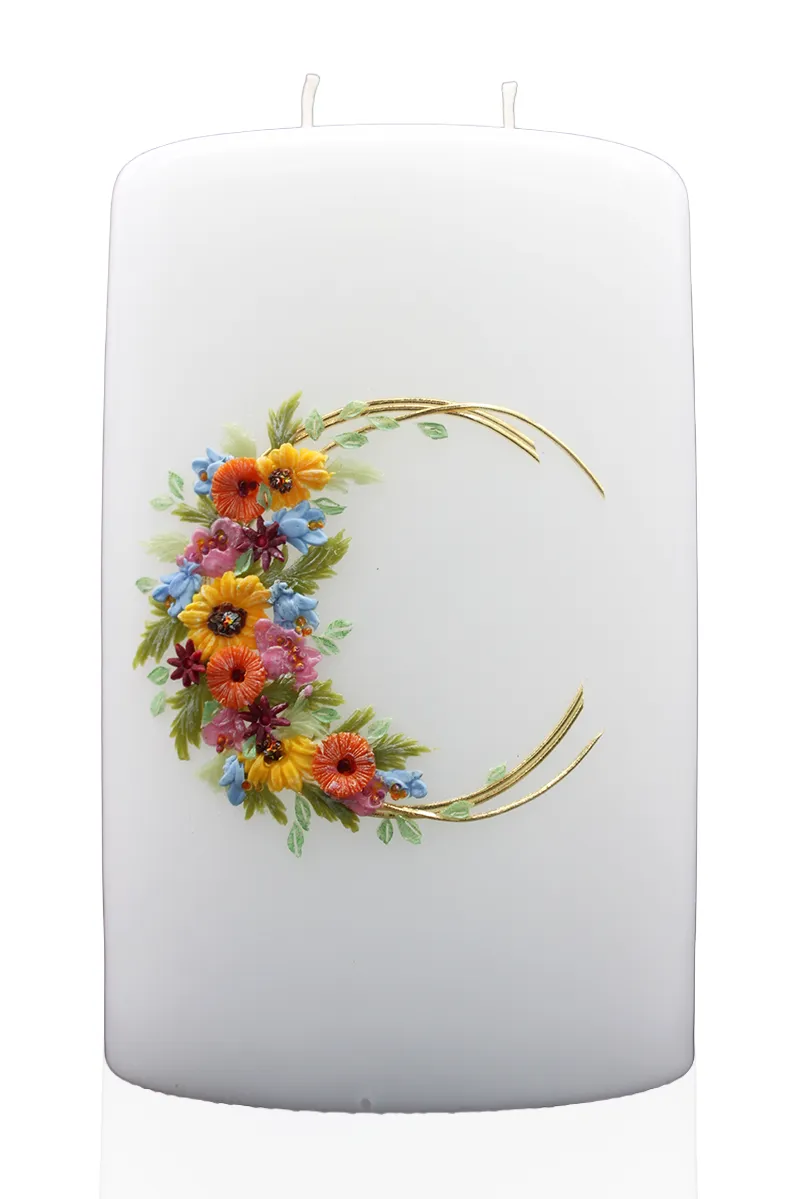 Hochzeitskerze „Blütenkranz Farbenspiel“ Weiße Doppeldocht-Hochzeitskerze mit buntem Blütenkranz und goldenen Linien