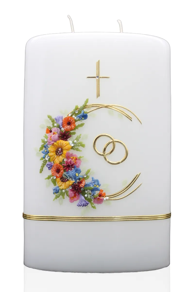 Hochzeitskerze „Blütenfarbspiel & Goldringe“ Weiße Doppeldocht-Hochzeitskerze mit Kreuz, goldenen Ringen und buntem Blütenkranz