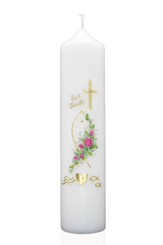 Taufkerze „Rosenfisch Rosa & Gold“ Taufkerze in Weiß mit goldenem Kreuz, Fischsymbol und rosa Rosenblüten – handverziert von Designer-Kerzen.de