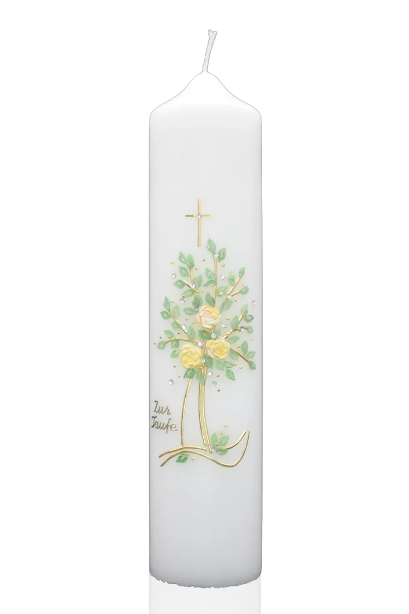 Taufkerze „Lebensbaum Gold & Grün“ Taufkerze mit goldenem Lebensbaum, Kreuz und gelben Rosen – handverziert in Grün-Gold von Designer-Kerzen.de
