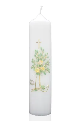 Taufkerze „Lebensbaum Gold & Grün“ Taufkerze mit goldenem Lebensbaum, Kreuz und gelben Rosen – handverziert in Grün-Gold von Designer-Kerzen.de