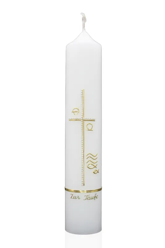 Taufkerze „Kreuz & Perlen Gold“ Taufkerze in Weiß mit goldenem Kreuz, Perlenlinie und christlichen Symbolen – handverziert von Designer-Kerzen.de