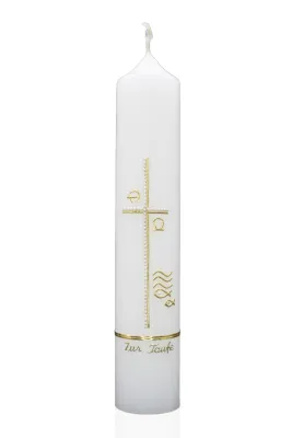 Taufkerze „Kreuz & Perlen Gold“ Taufkerze in Weiß mit goldenem Kreuz, Perlenlinie und christlichen Symbolen – handverziert von Designer-Kerzen.de