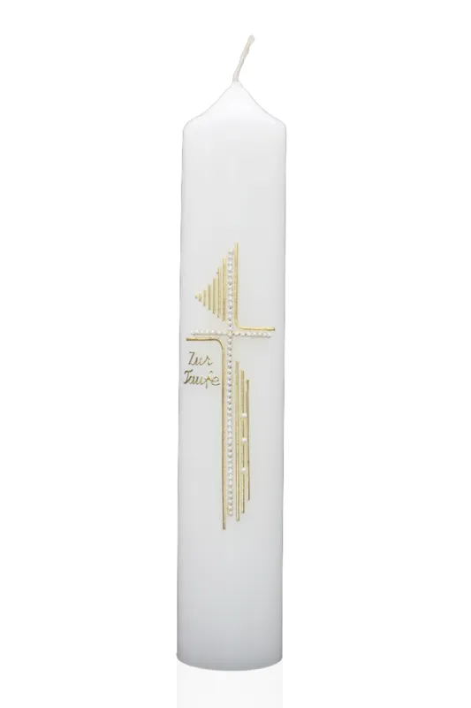Taufkerze „Kreuzlinie Gold & Perlen“ Taufkerze mit goldenem Kreuz aus Linien und Perlenband – moderne Handarbeit von Designer-Kerzen.de