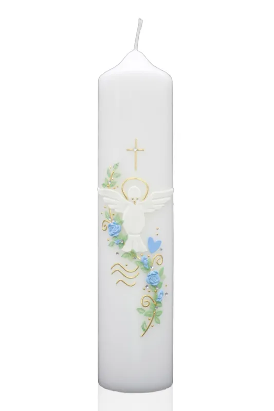 Taufkerze „Schutzengel & Blüten“ – Rosa oder Blau Taufkerze mit Engel, Kreuz und Blüten – wahlweise in Rosa oder Blau, handverziert von Designer-Kerzen.de