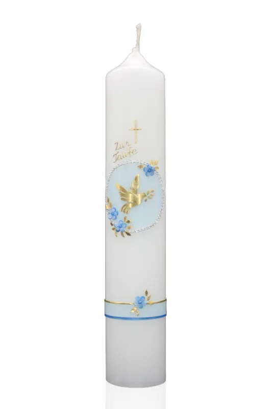Taufkerze mit goldener Taube, Blütenkreis & Swarovski-Steinen – in Rosa oder Blau von Designer-Kerzen.de